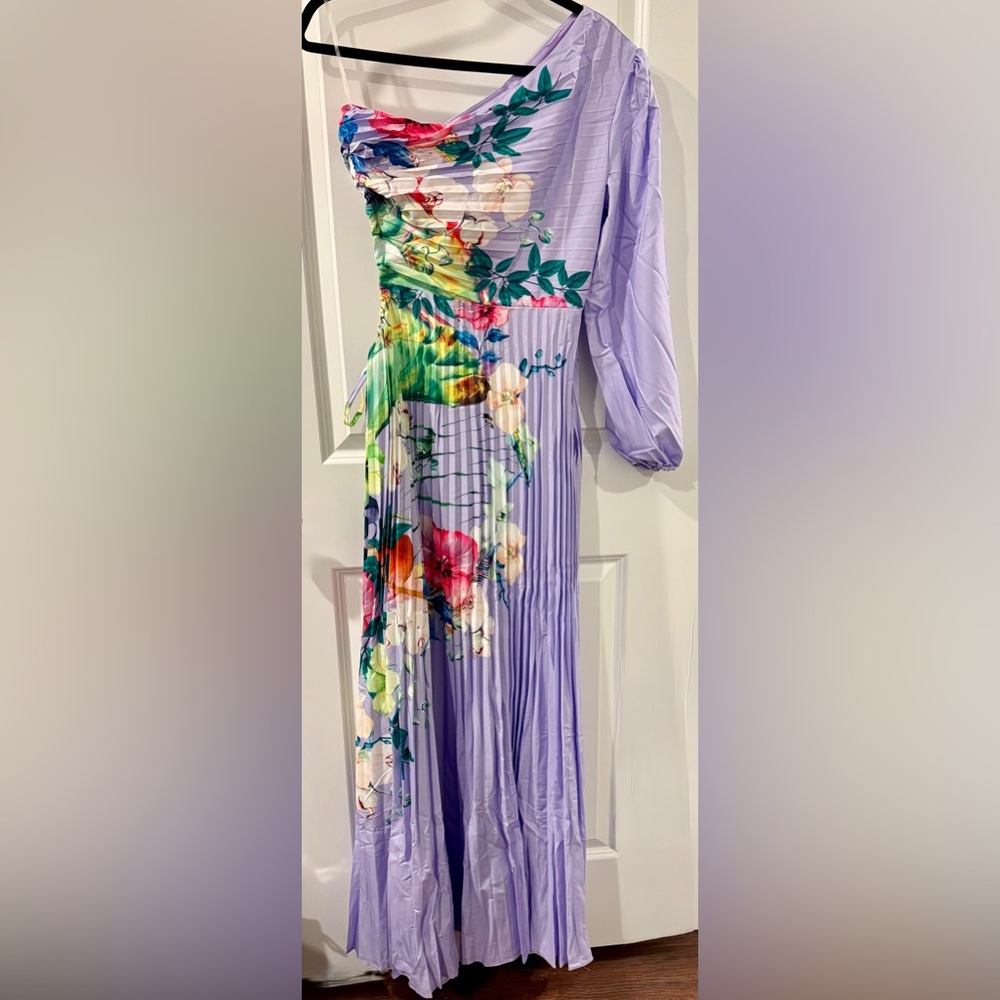 Floral One Shoulder Pleated Lavender (M) or Sunset (L) Dress - Picture 3 of 7